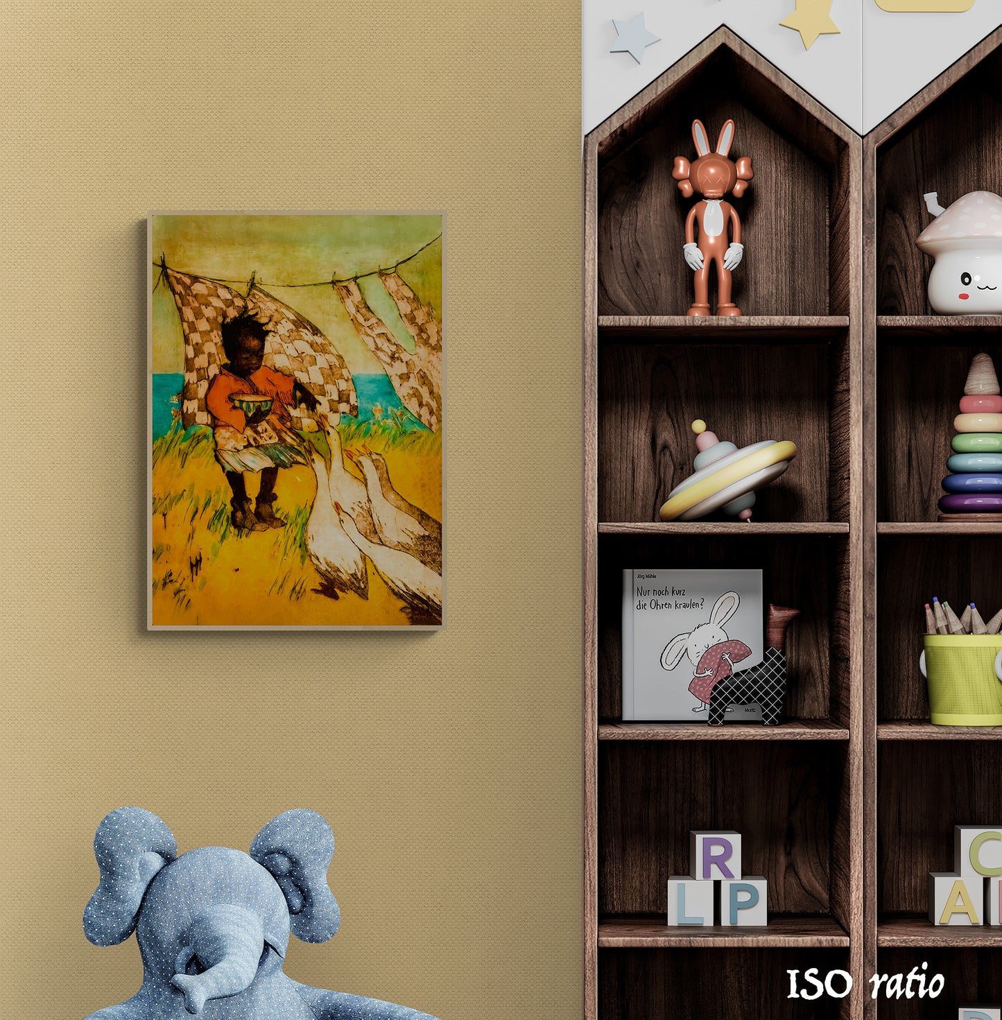 Vintage depiction of a little black girl feeding geese in a natural setting.