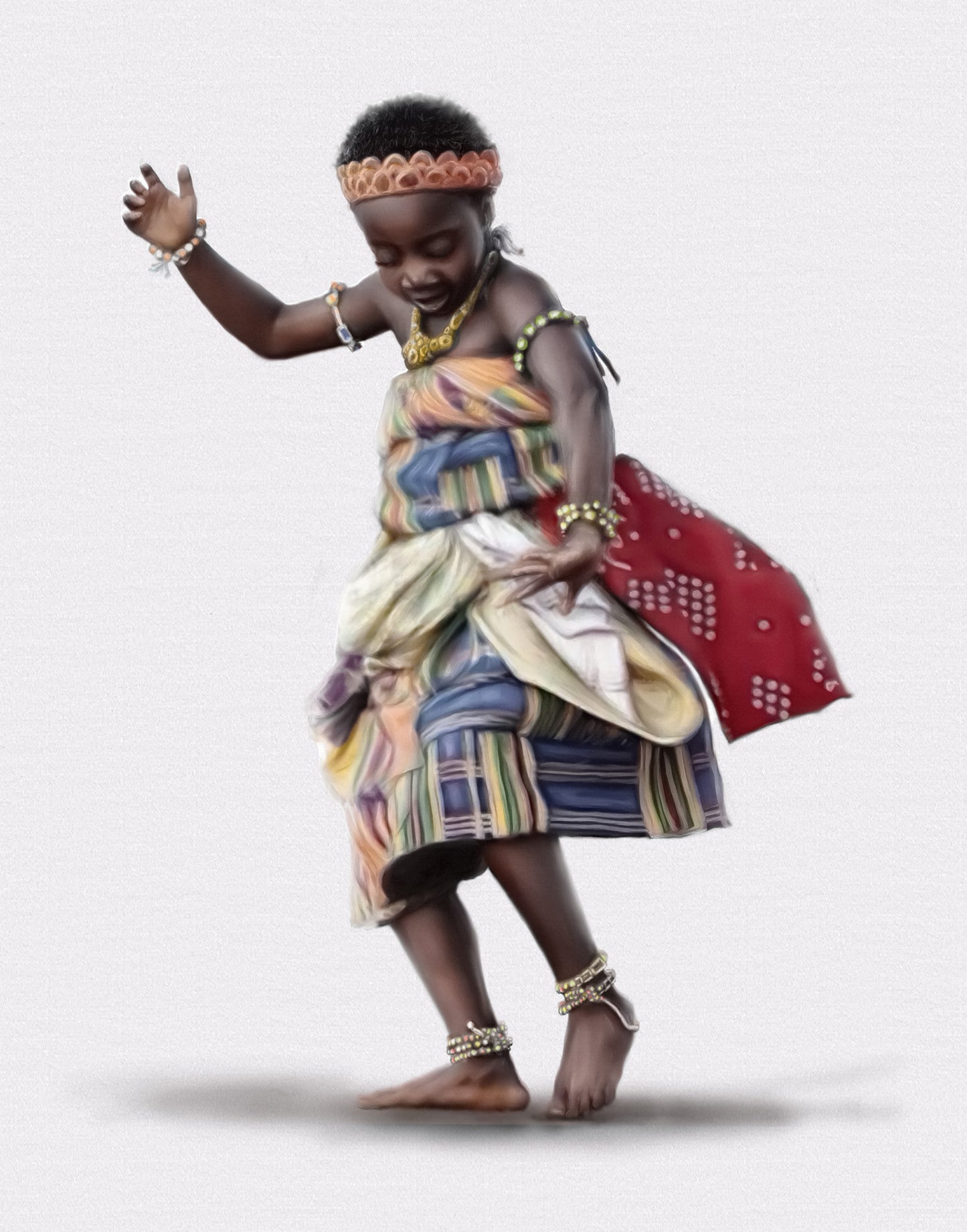 Child in traditional African attire on a white background