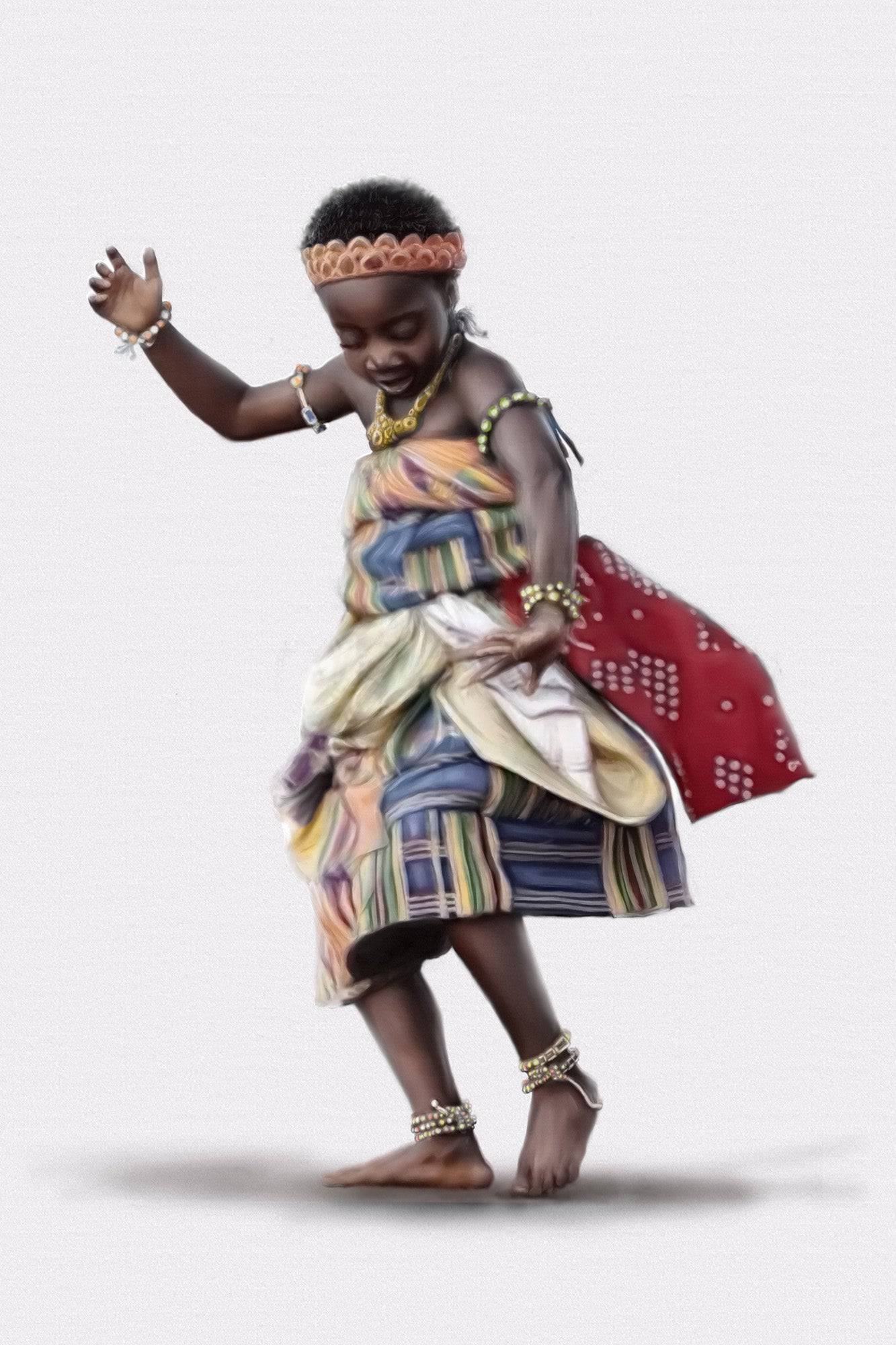Child in traditional African attire with colorful dress and jewelry on a white background