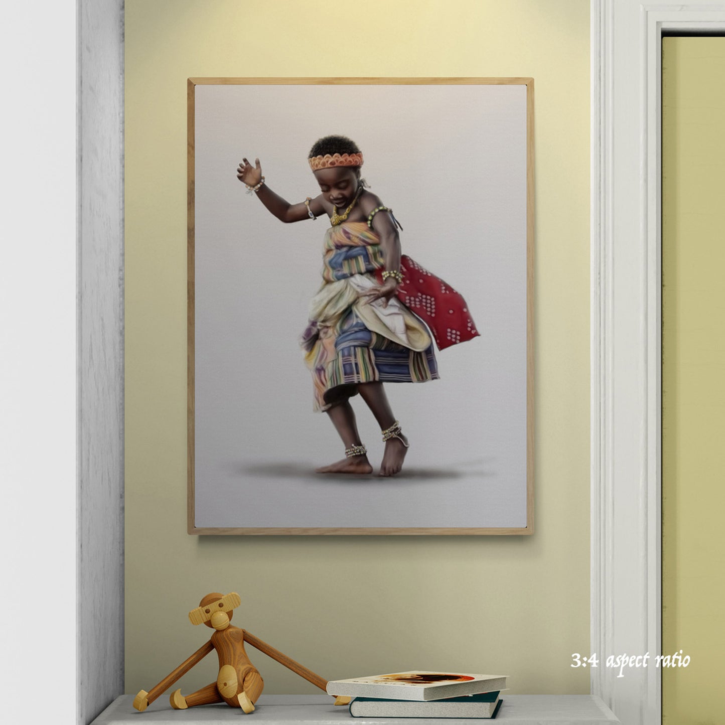 Framed artwork of a child in traditional attire on a wall with a monkey figurine and books below.