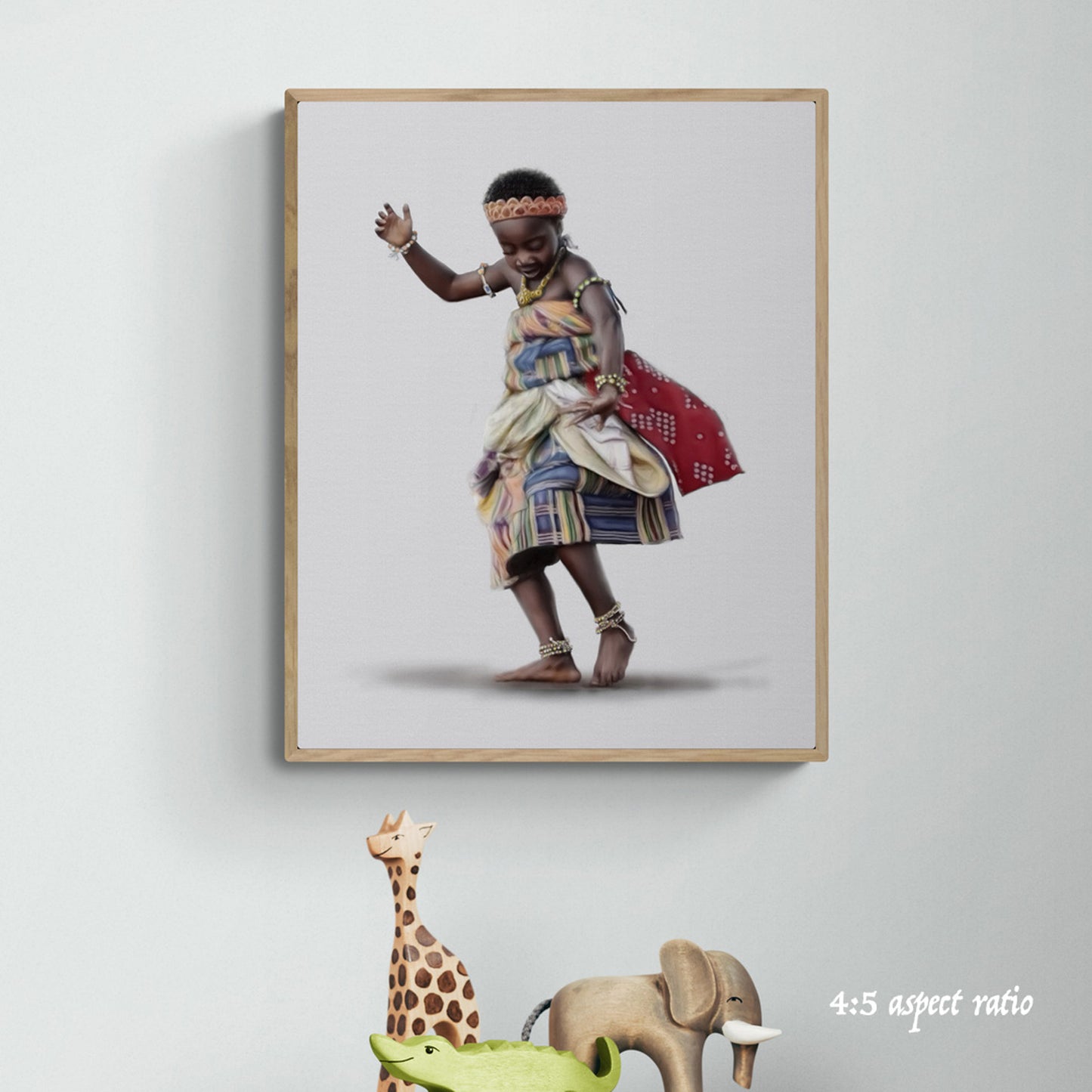 Framed artwork of a traditional figure on a wall with toys below