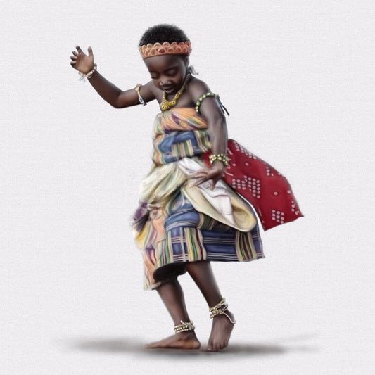 Child in traditional African attire dancing on a white background