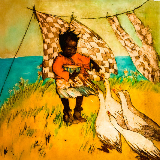 "Girl feeding geese. 1x1 aspect ratio"