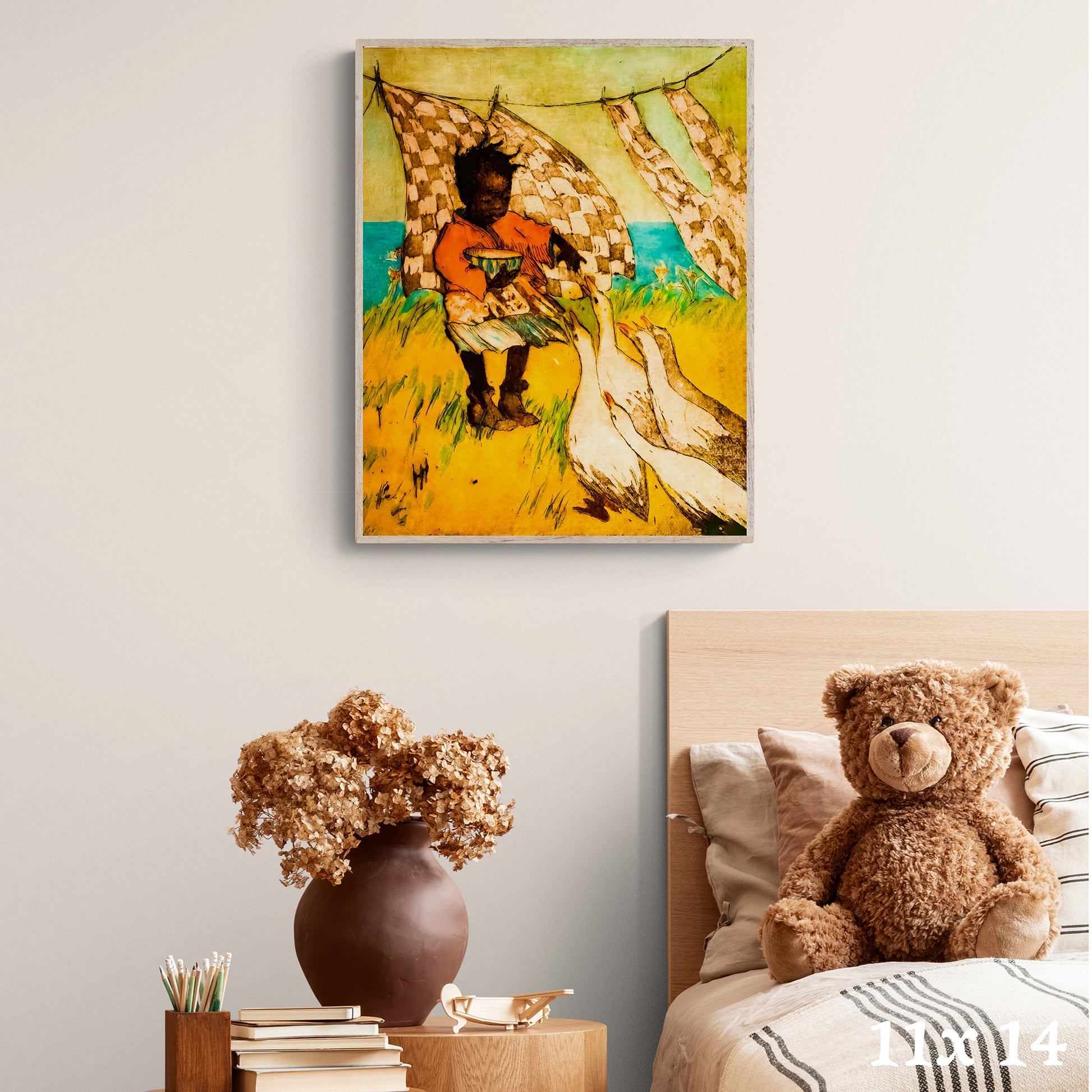 Vintage depiction of a little black girl feeding geese in a natural setting.