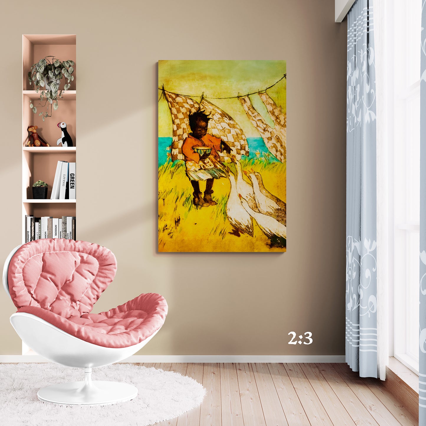 Vintage depiction of a little black girl feeding geese in a natural setting.