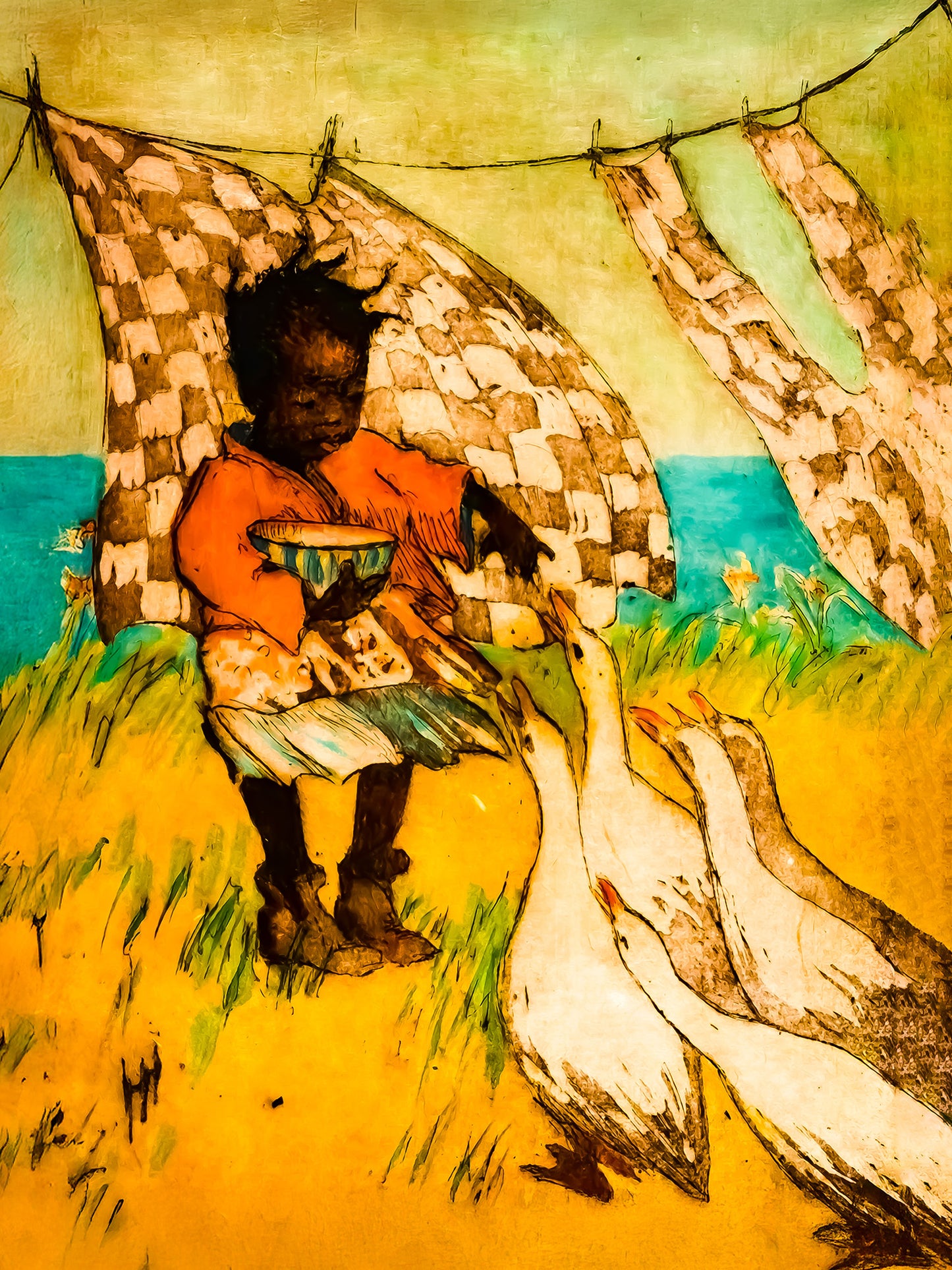 "Girl feeding geese. 4x5 aspect ratio"