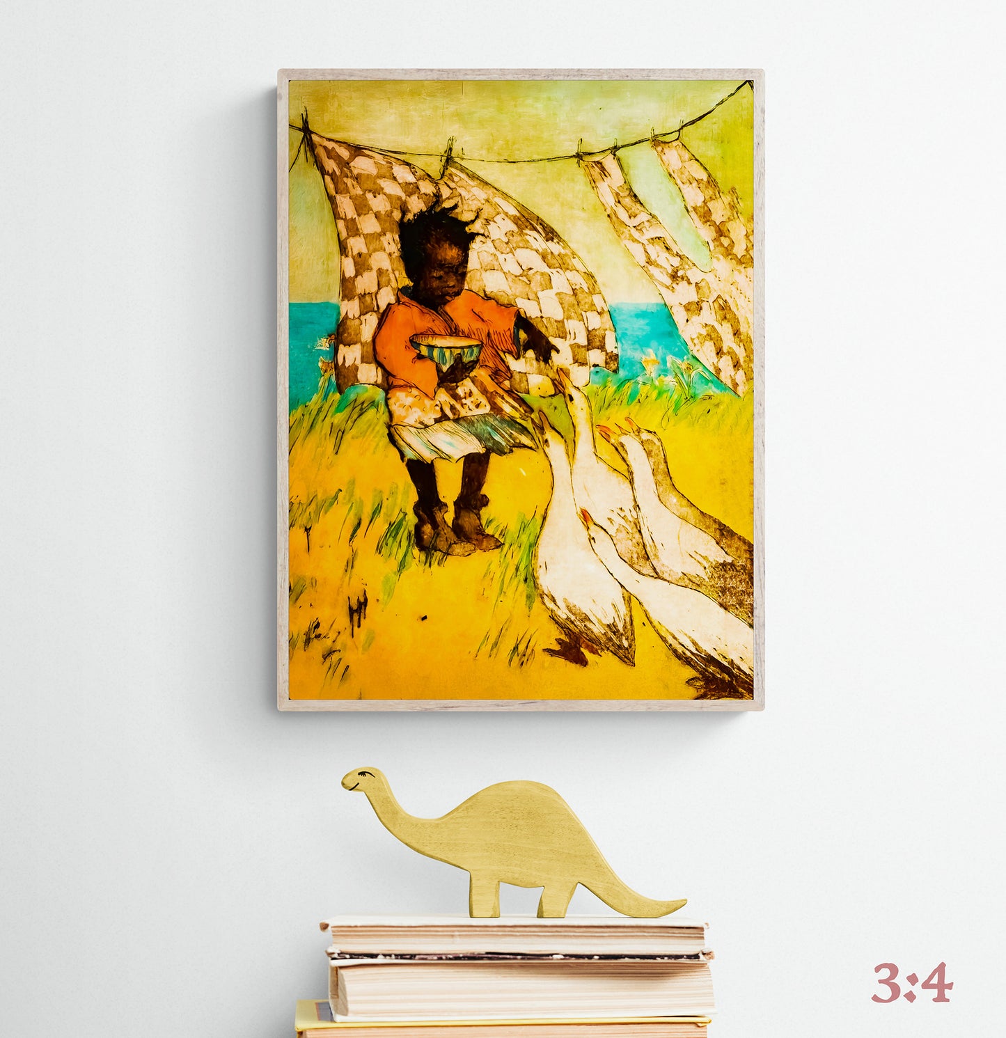 Vintage depiction of a little black girl feeding geese in a natural setting.