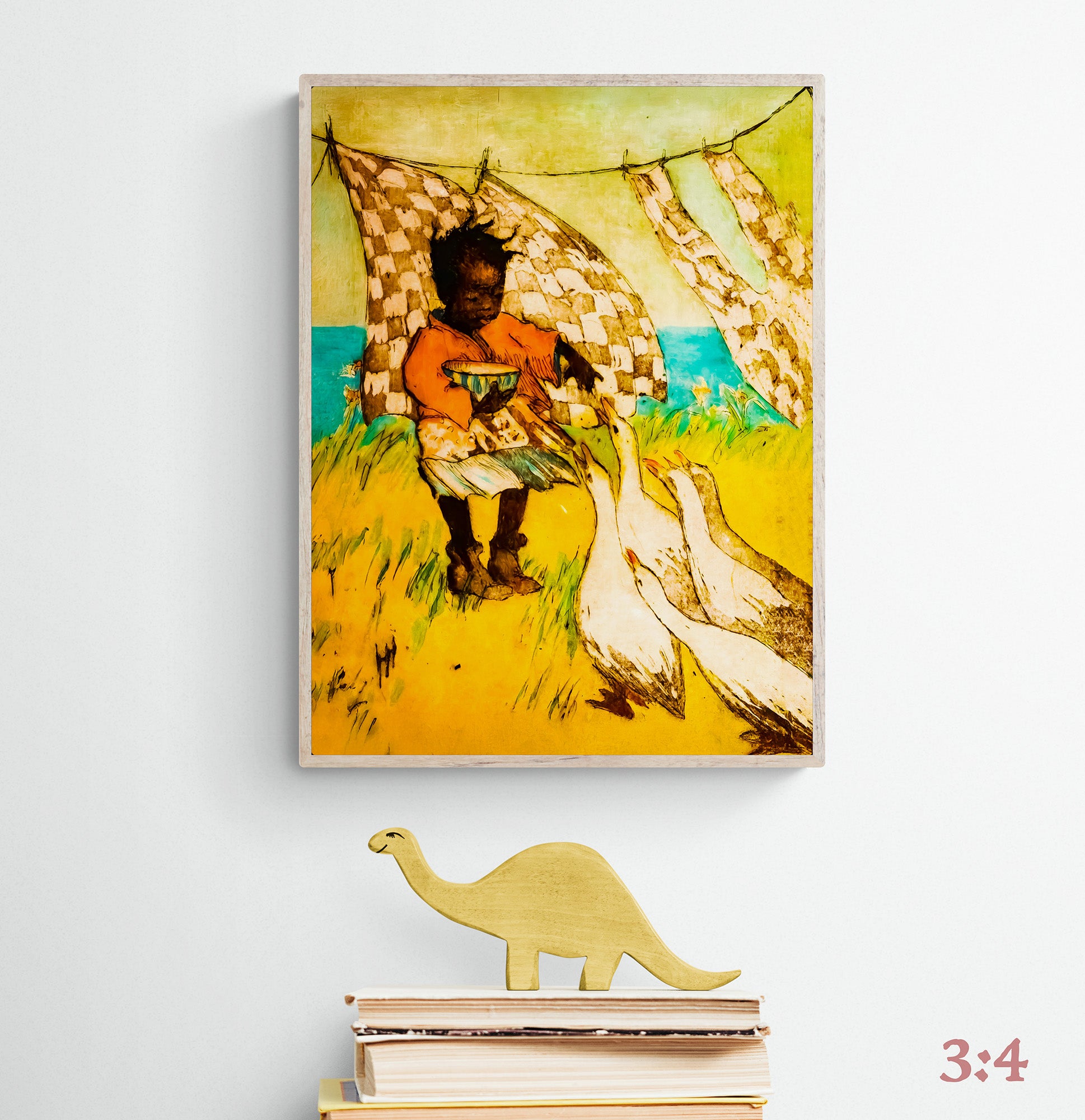 Vintage depiction of a little black girl feeding geese in a natural setting.