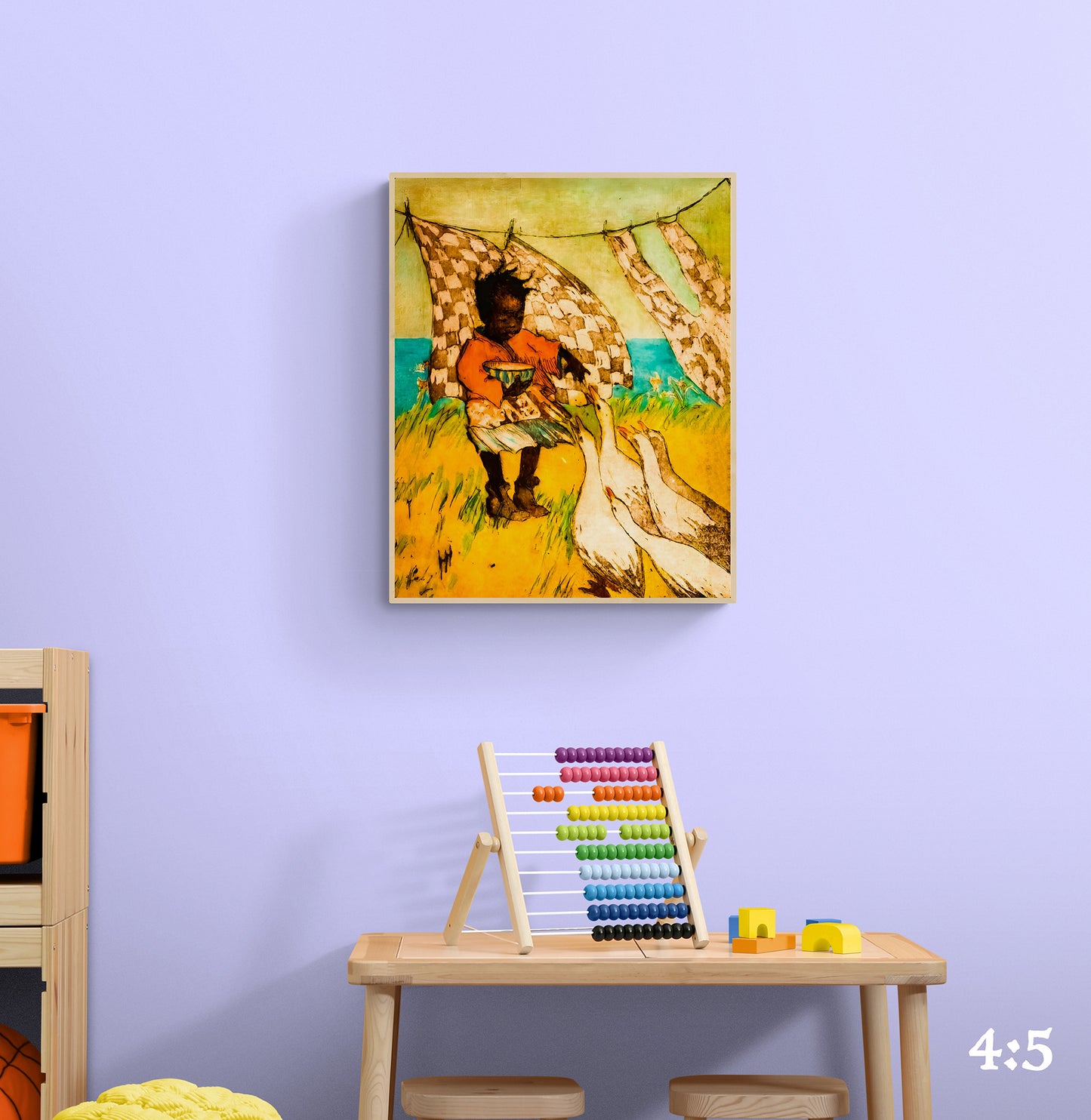 Vintage depiction of a little black girl feeding geese in a natural setting.