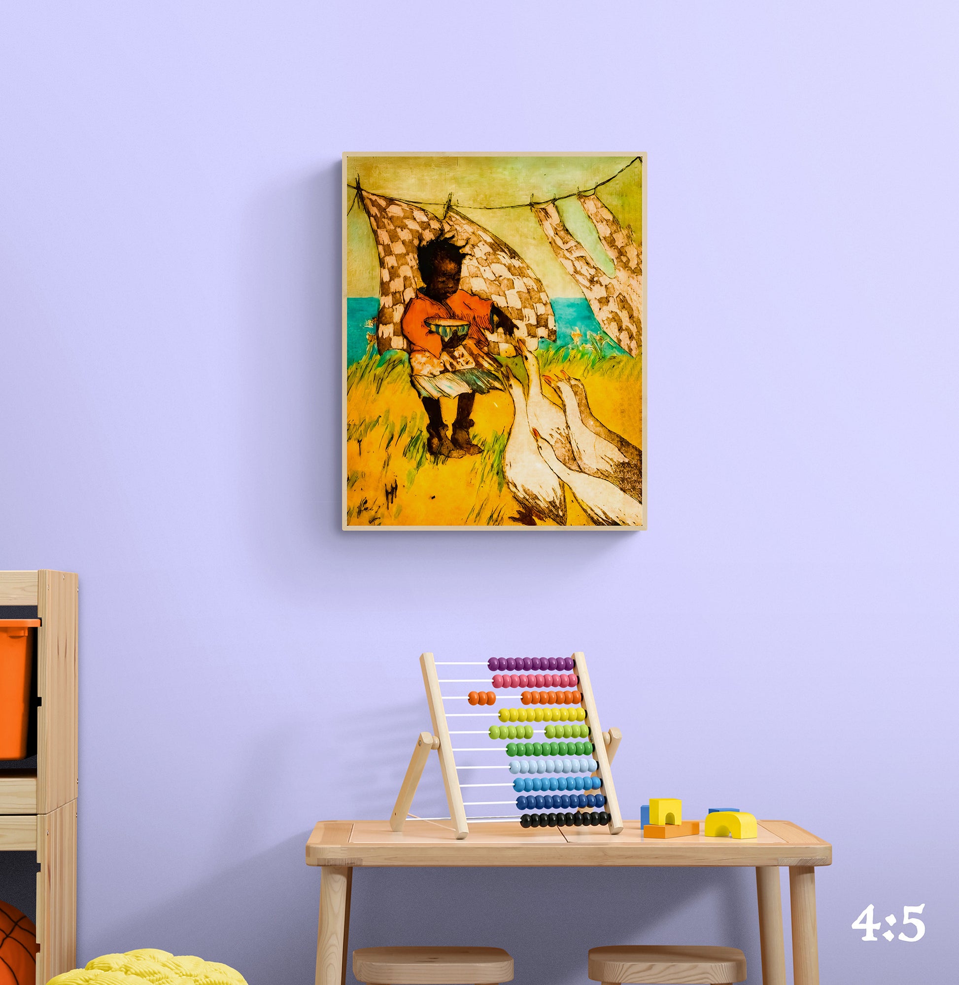 Vintage depiction of a little black girl feeding geese in a natural setting.