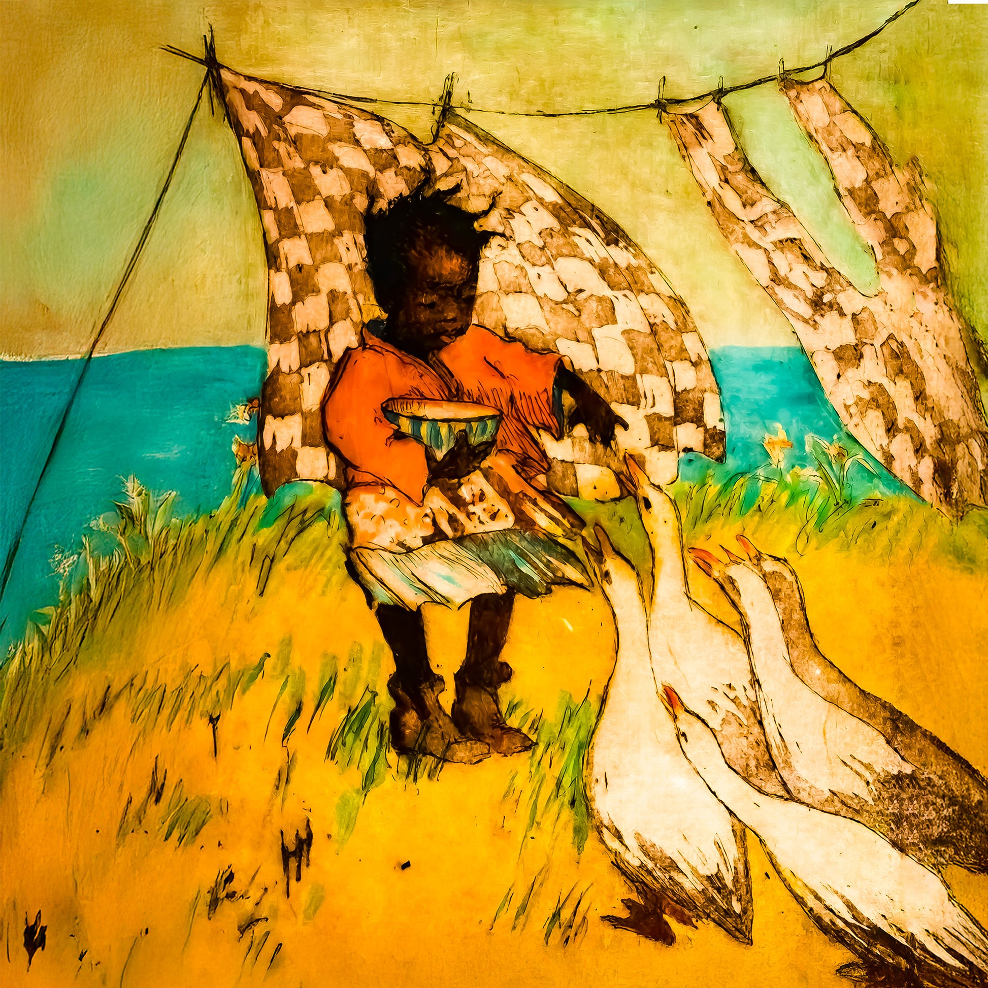 Vintage depiction of a little black girl feeding geese in a natural setting.