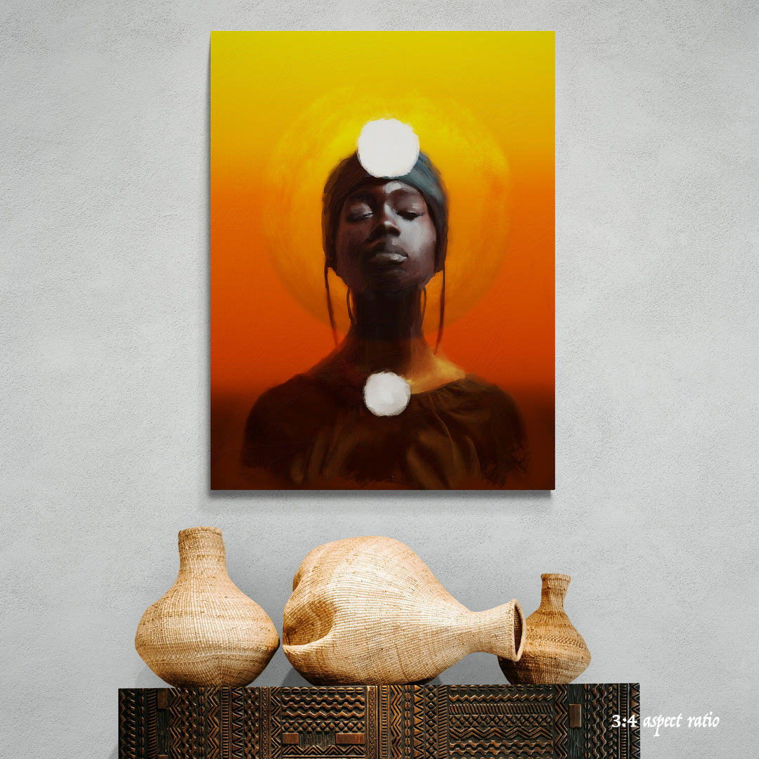 Canvas print of a stylized portrait with a decorative shelf featuring woven vases.