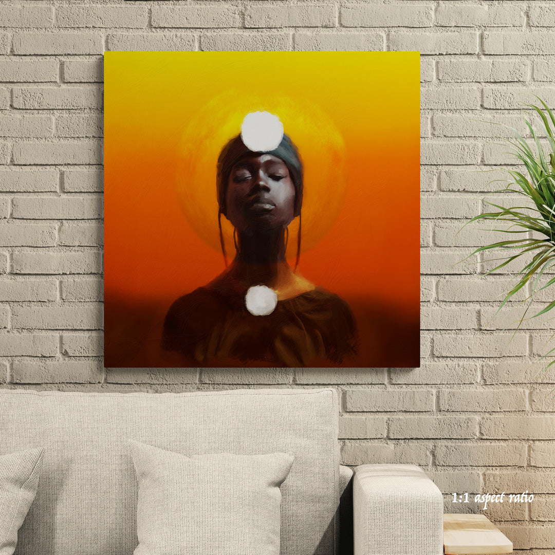 Canvas print of a person with a yellow and orange gradient background on a brick wall above a sofa.