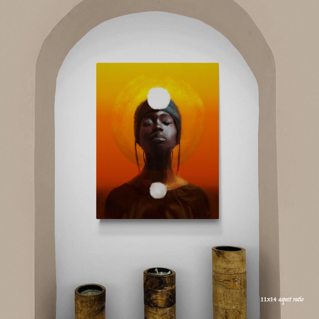 Artistic depiction of a person with a circular design on a wall, with candles below.