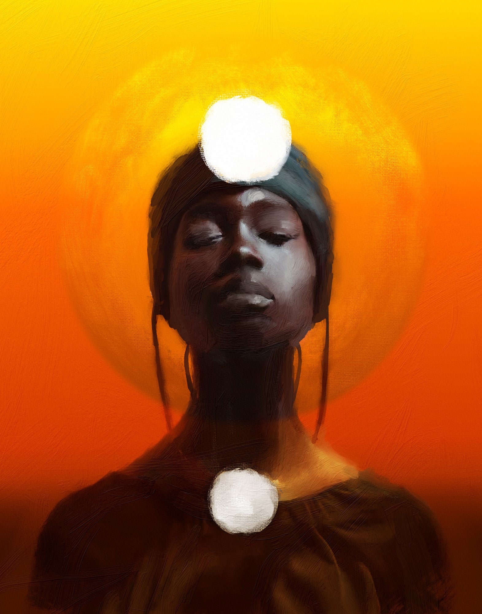 Artistic depiction of a person with a bright orange background