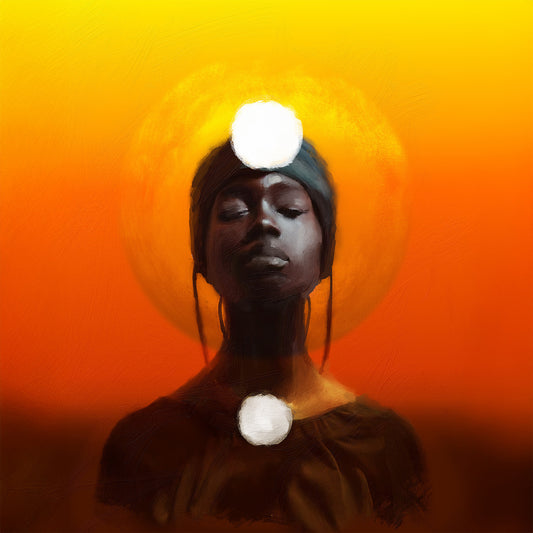 Artistic depiction of a person with a bright light source above their head against an orange background