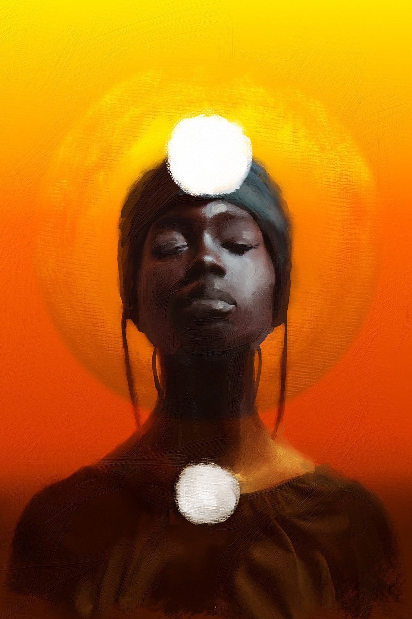 Artistic depiction of a person with a circular light above their head against an orange background