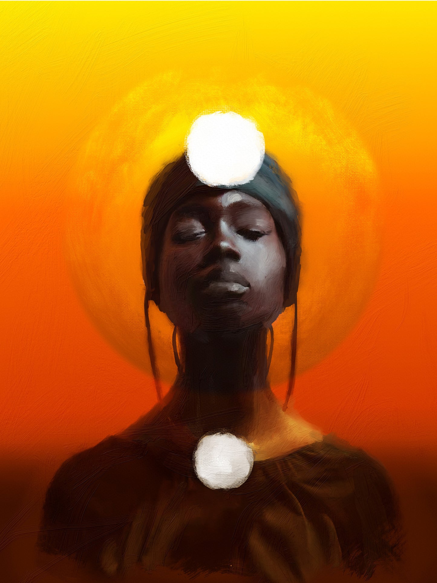 Artistic depiction of a person with a bright light above their head against an orange background