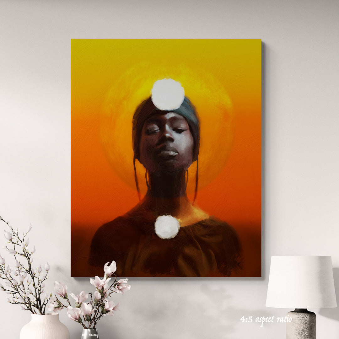 Canvas print of a stylized portrait with a yellow and orange gradient background, featuring a person with a white circle on their head.