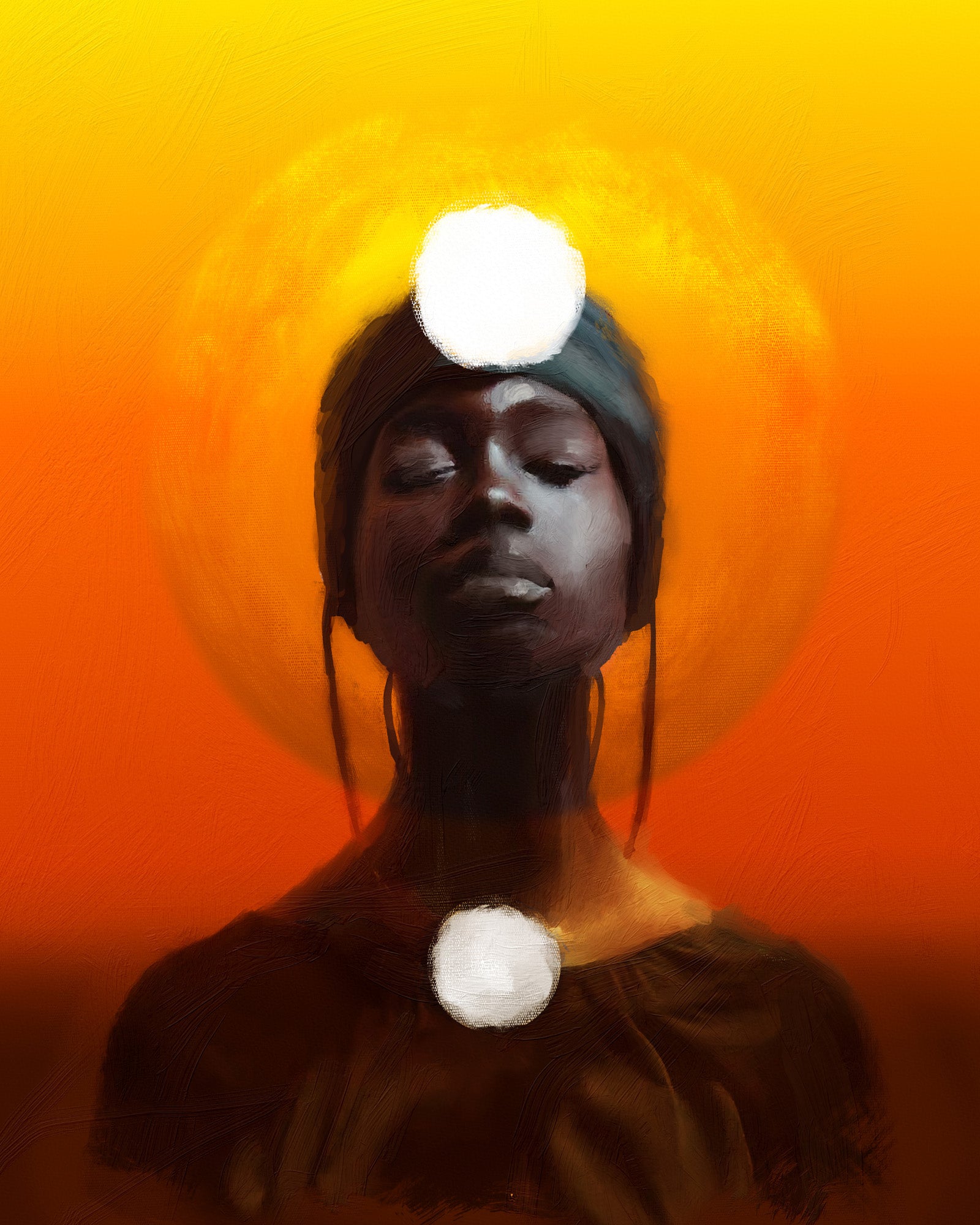 Artistic depiction of a person with a glowing orb on an orange background