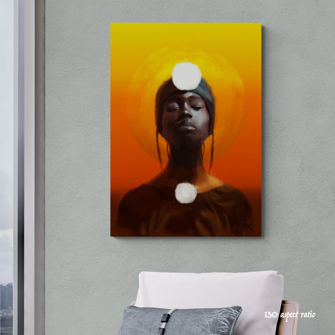 Canvas print of a stylized portrait with a yellow and orange background, hanging on a gray wall above a sofa.