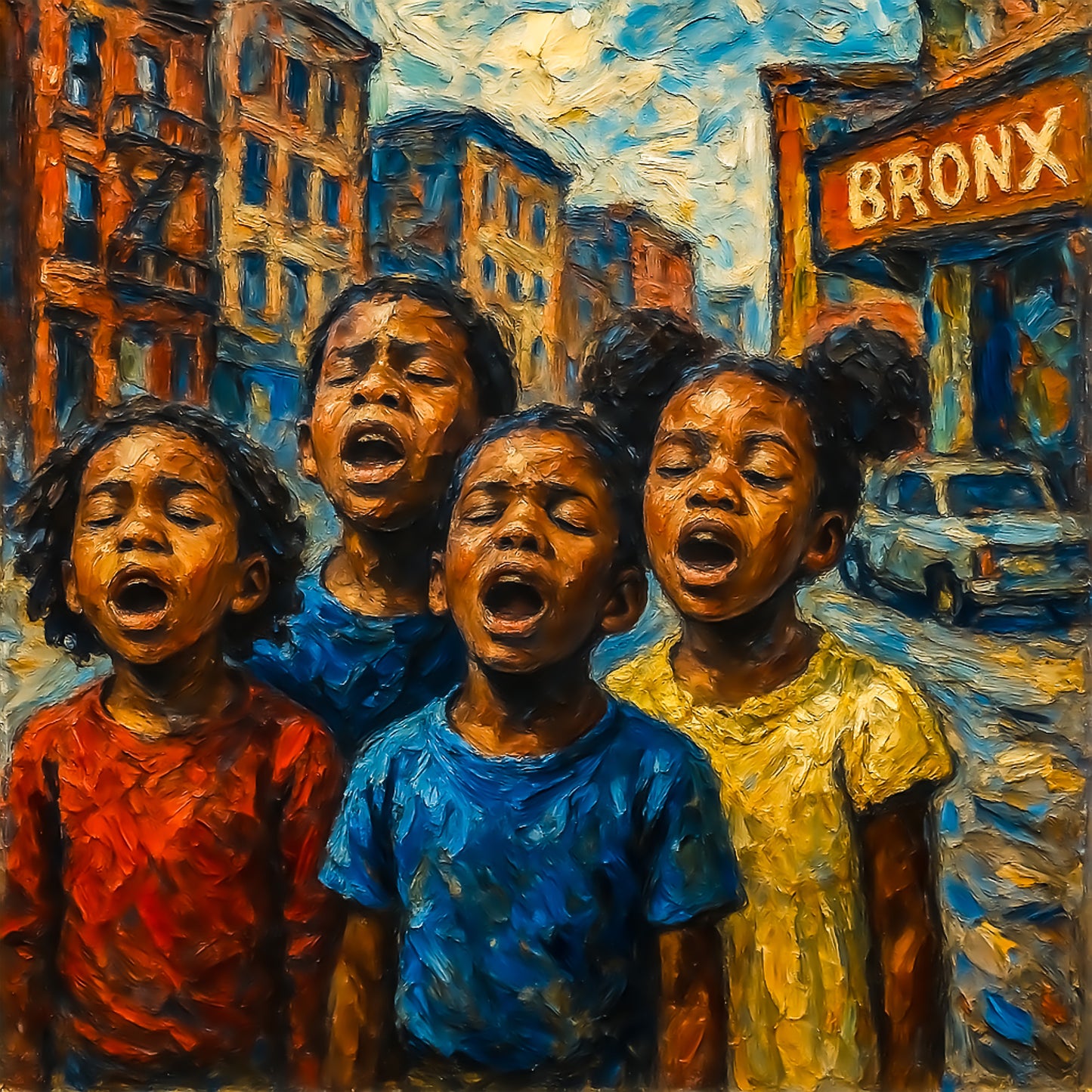 Black african american children singing street scene