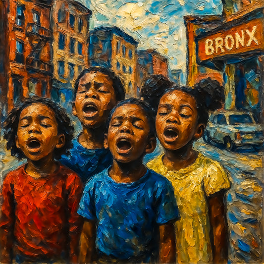 Black african american children singing street scene