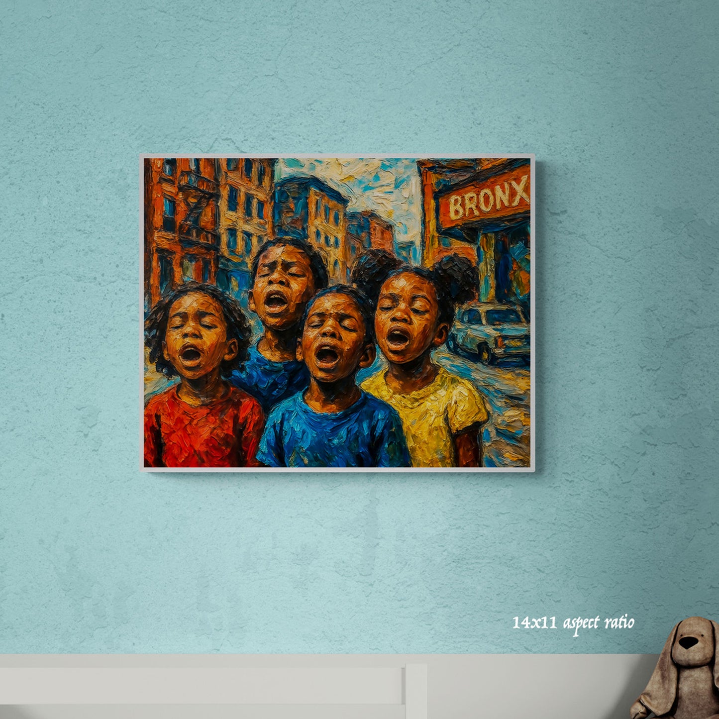 Framed artwork of four black african american children singing on a city street with 'Bronx' sign, against a light blue wall.