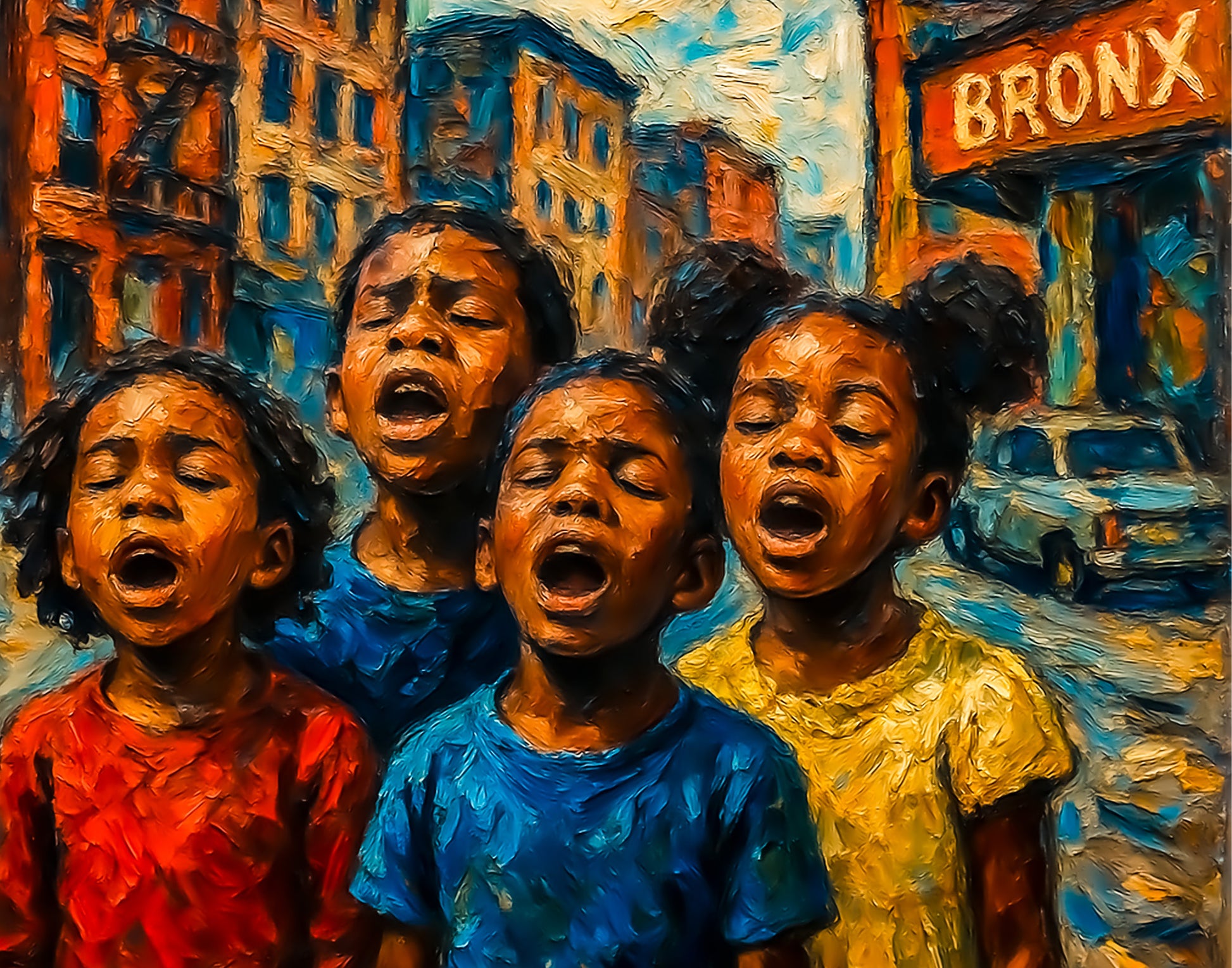 Painting of four children singing in an urban setting with a 'Bronx' sign in the background.