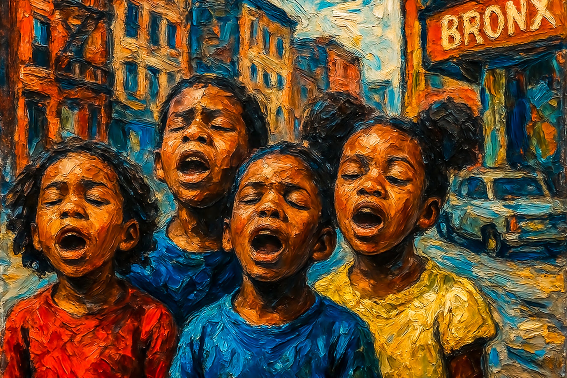 Framed artwork of four black african american children singing on a city street with 'Bronx' sign
