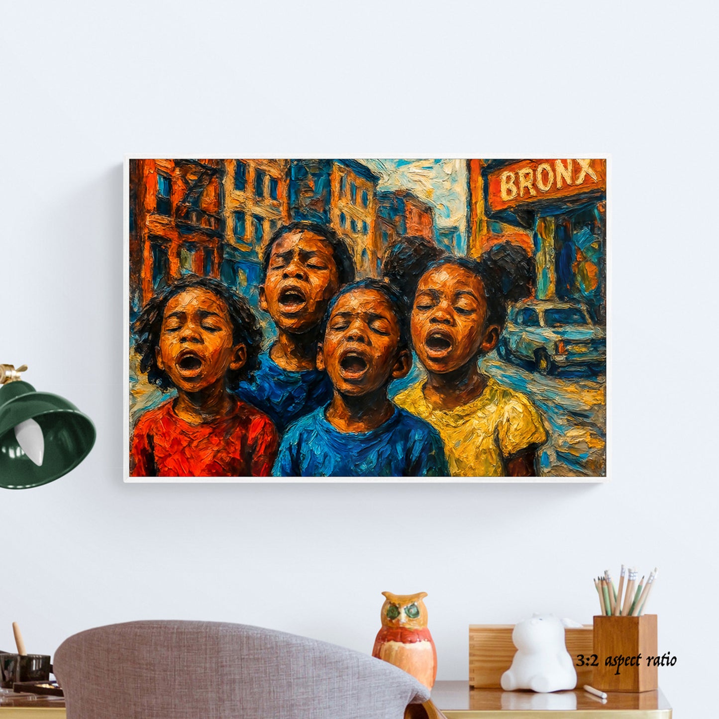 Framed artwork of four black african american children singing on a city street with 'Bronx' sign