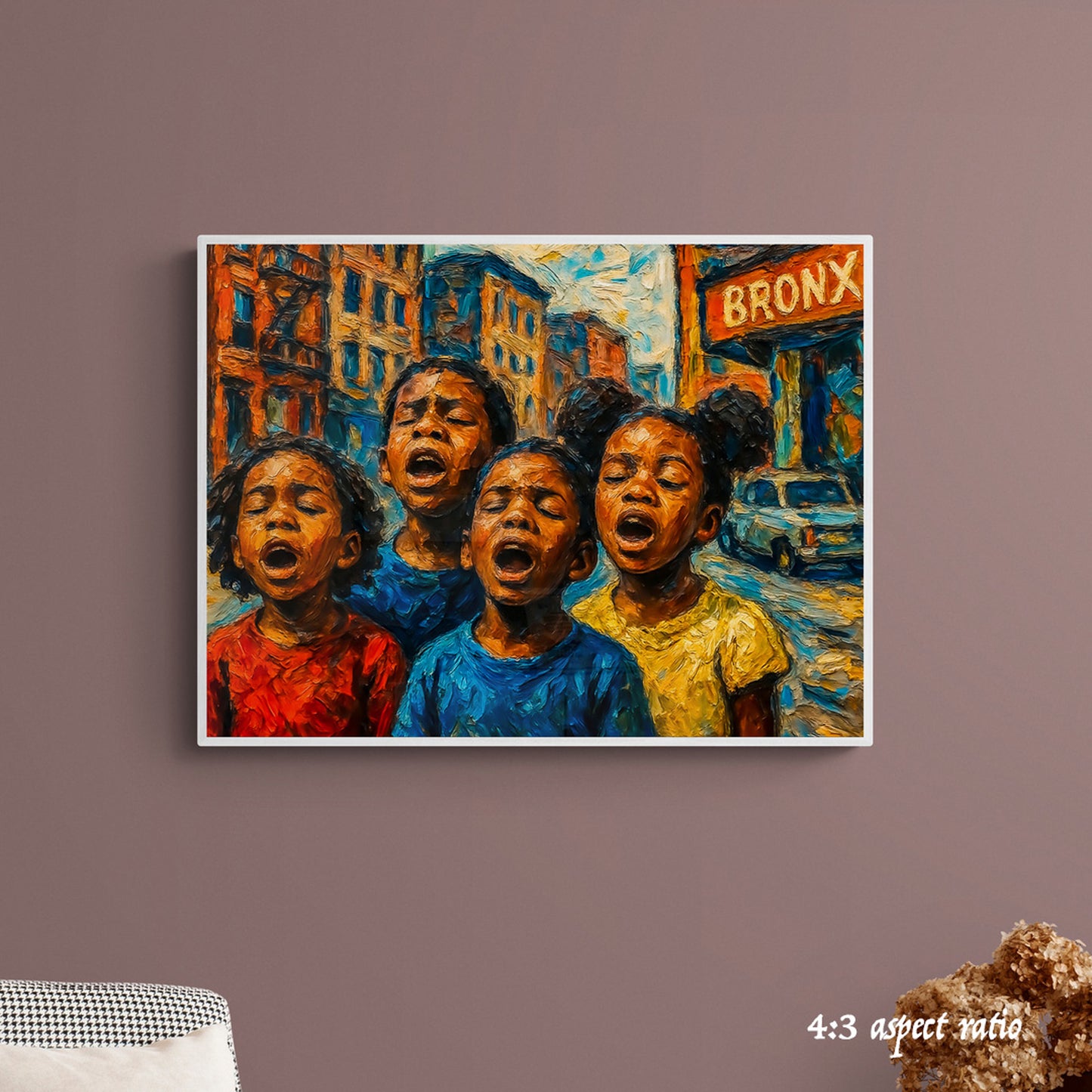 Framed artwork of four black african american children singing on a city street with 'Bronx' sign