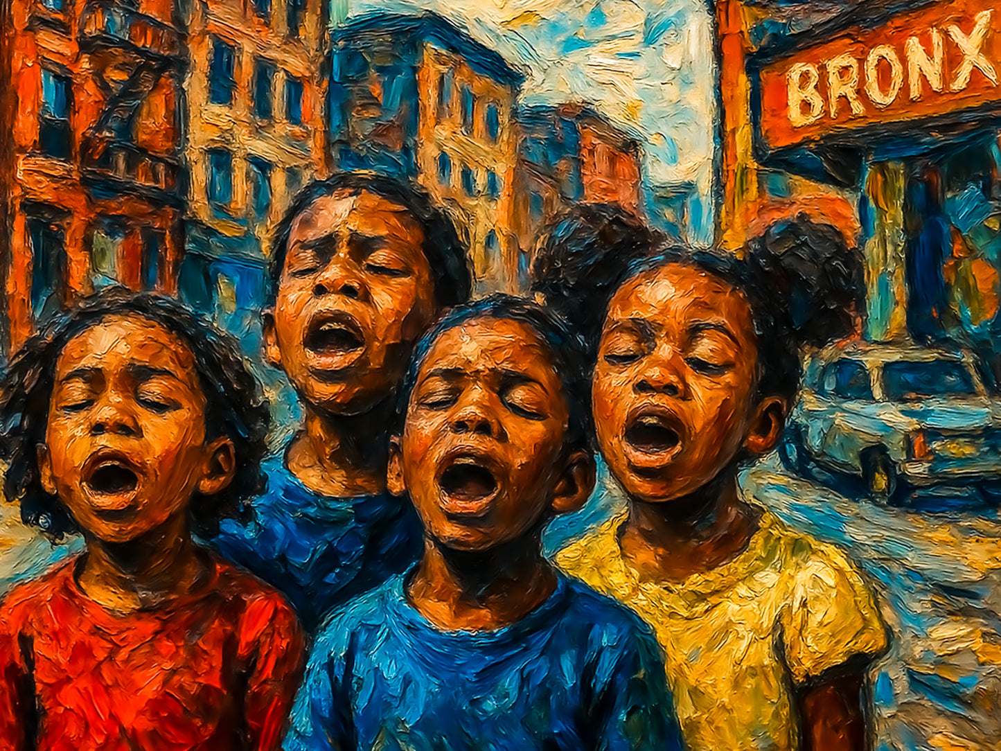Painting of four black african american children singing on a city street with 'Bronx' sign.