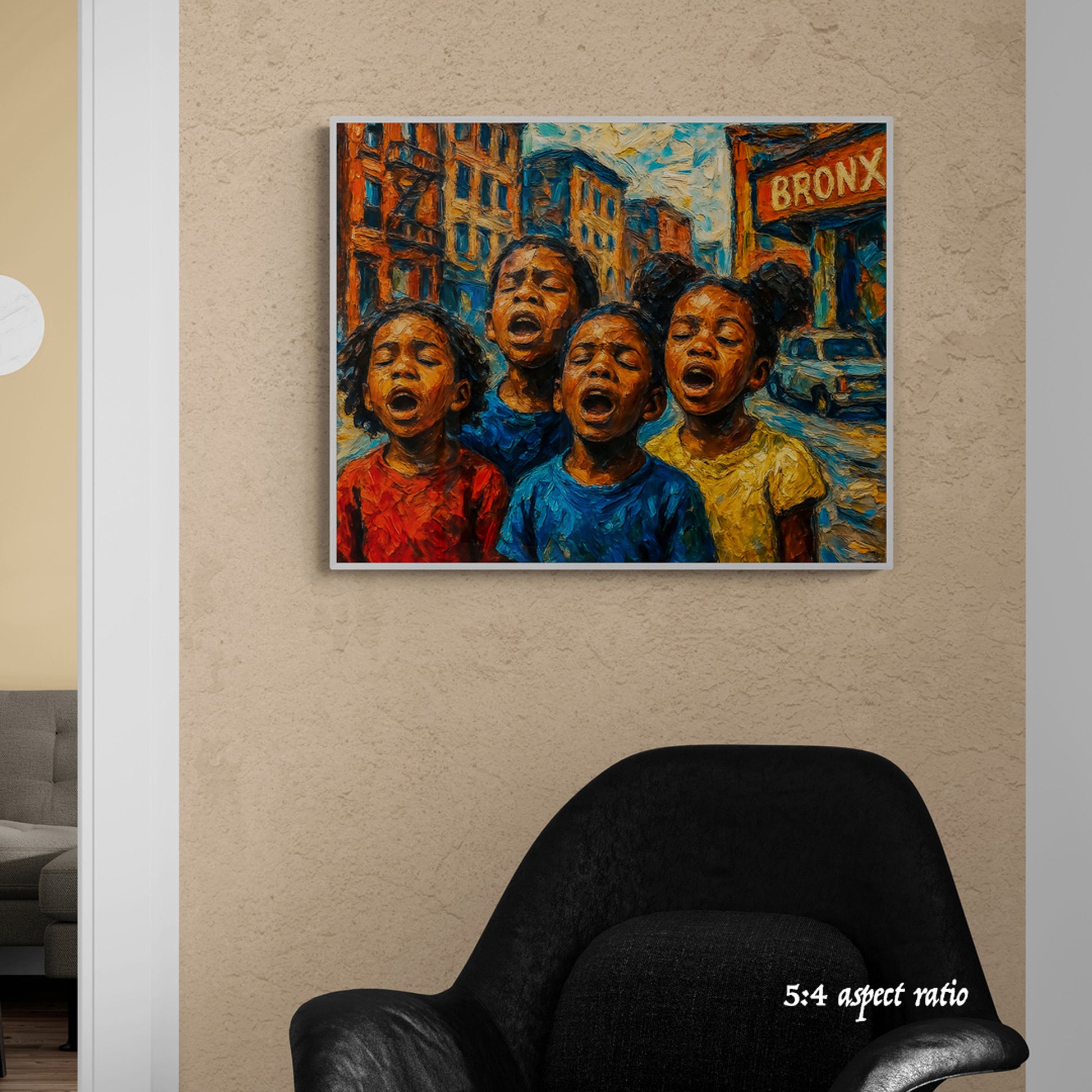 Framed artwork of four black african american children singing on a city street with 'Bronx' sign