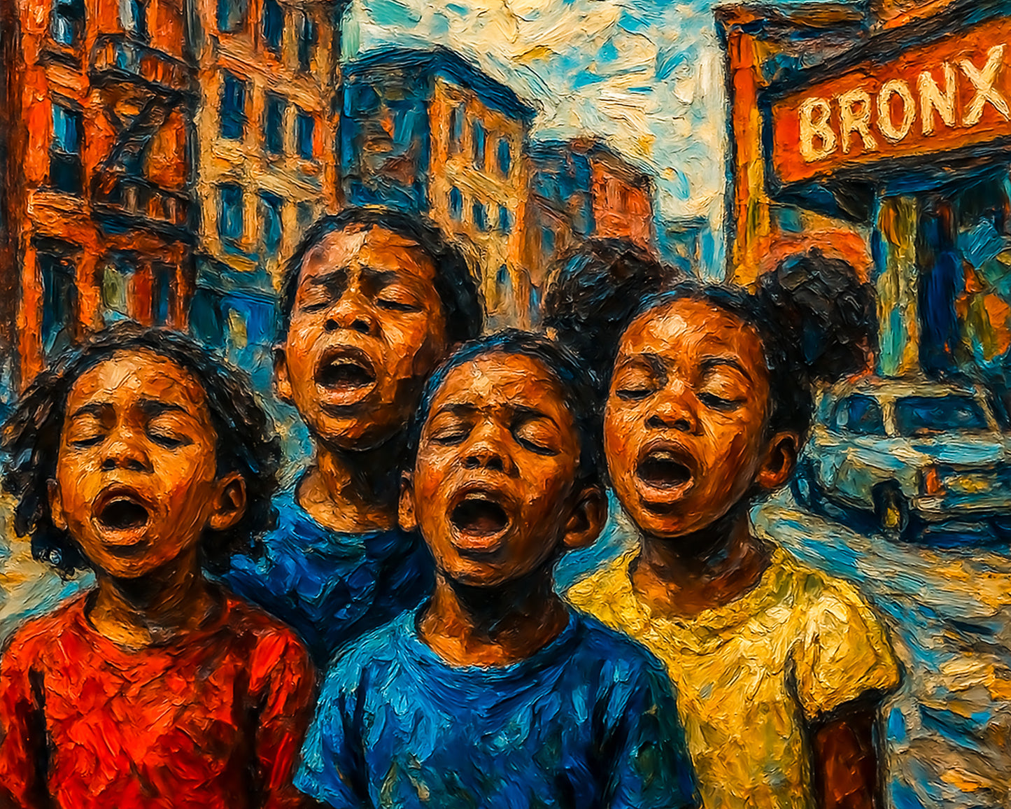 Painting of four children singing on a street in the Bronx.