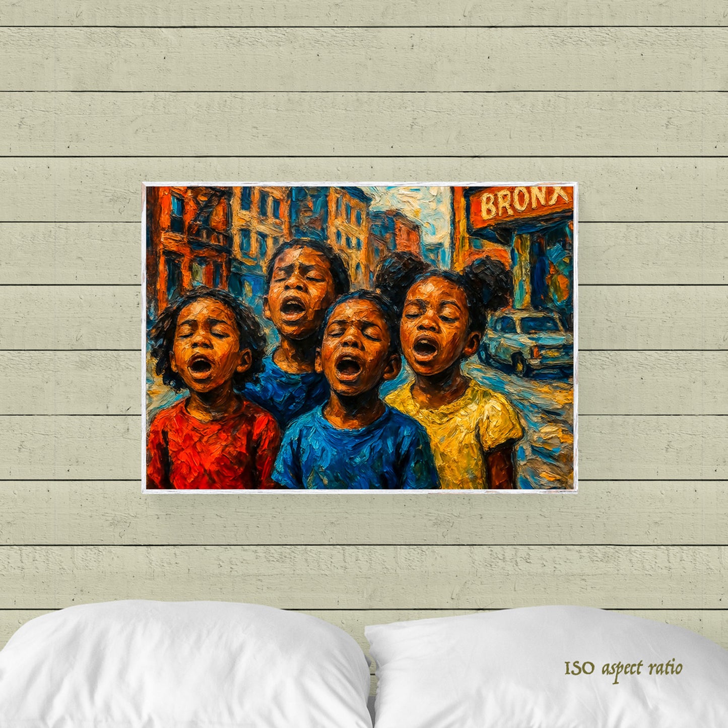 Framed artwork of four black african american children singing on a city street with 'Bronx' sign
