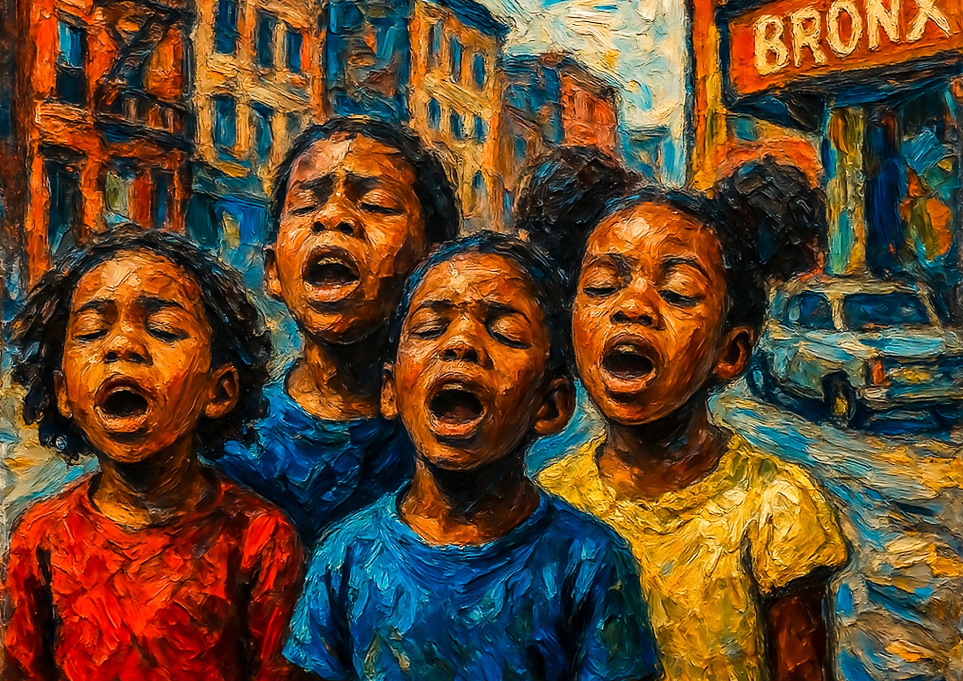 Painting of four children singing on a city street with 'Bronx' sign in the background