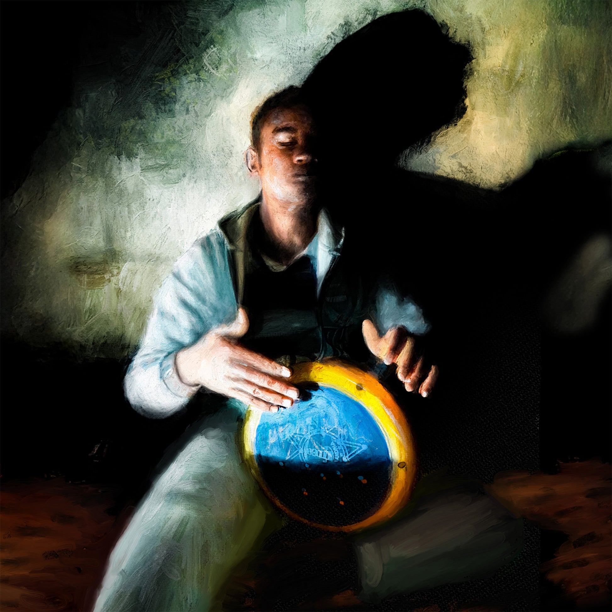 Person playing a drum with a dark, textured background