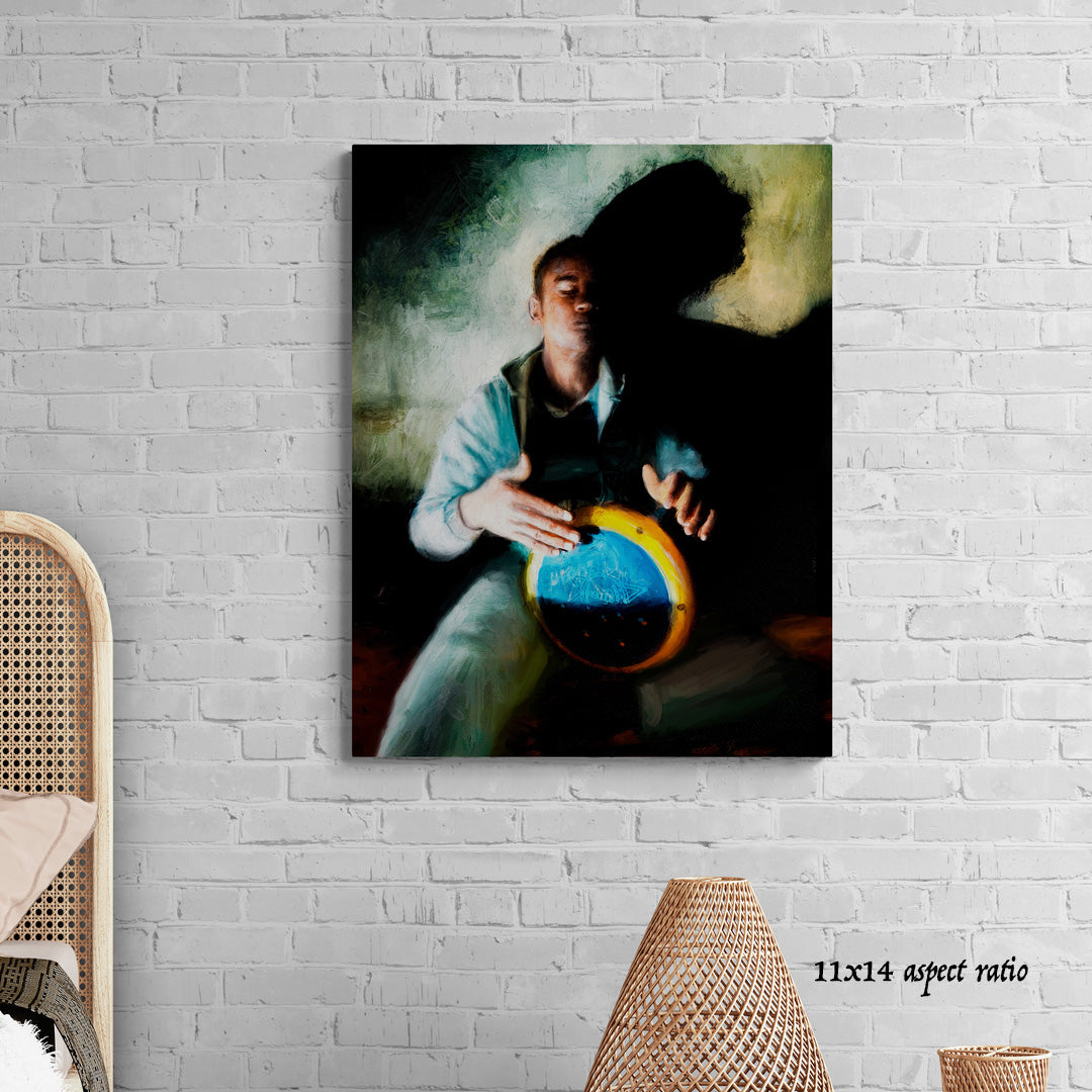 Canvas print of a person playing a drum on a white brick wall.