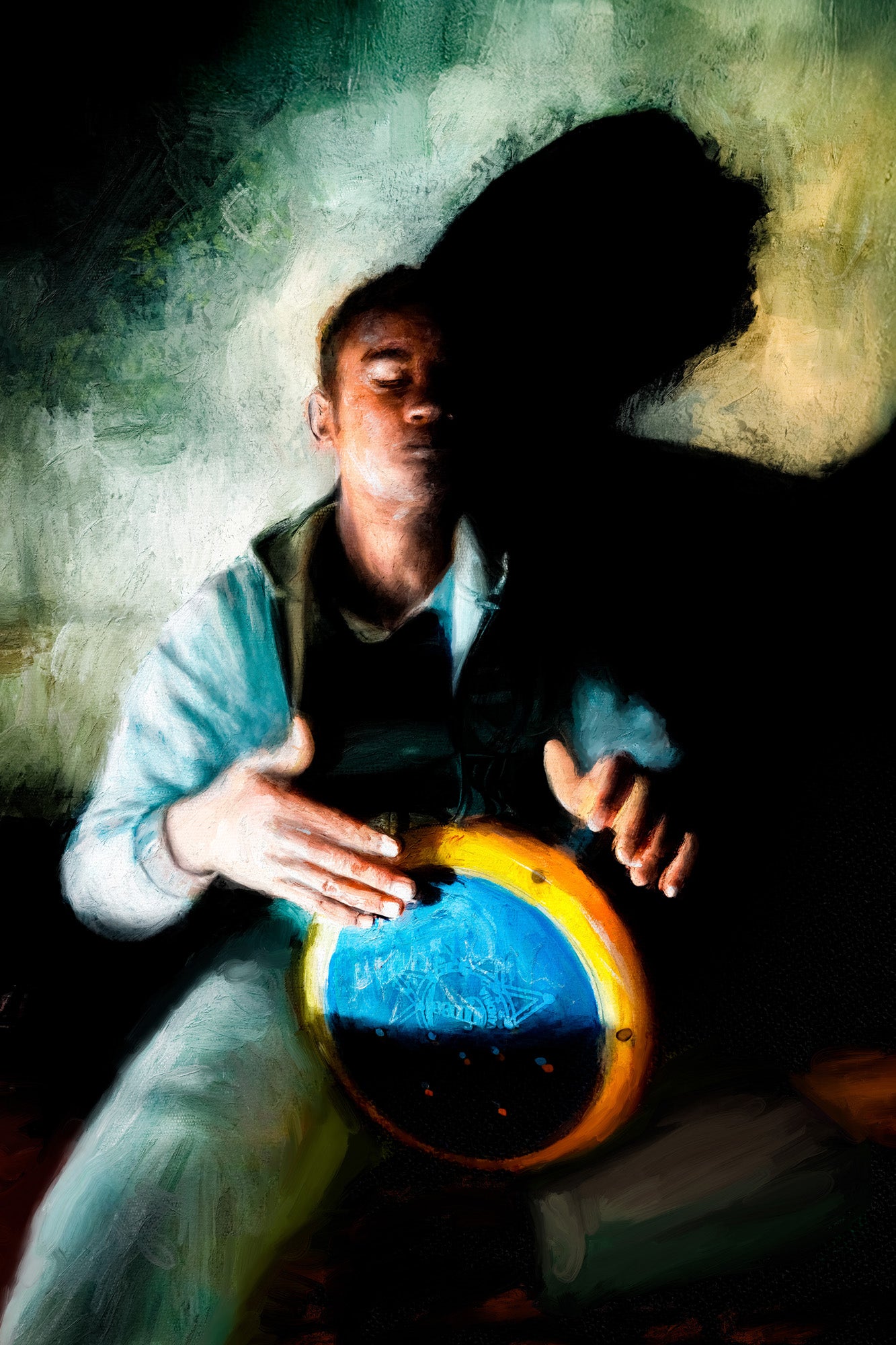 Person playing a drum with a dark, textured background