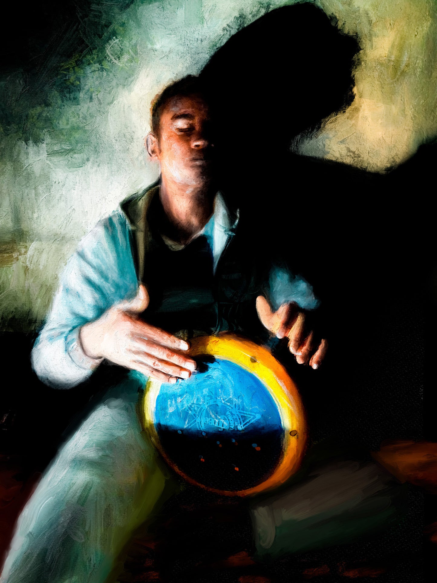Person playing a drum with a textured background