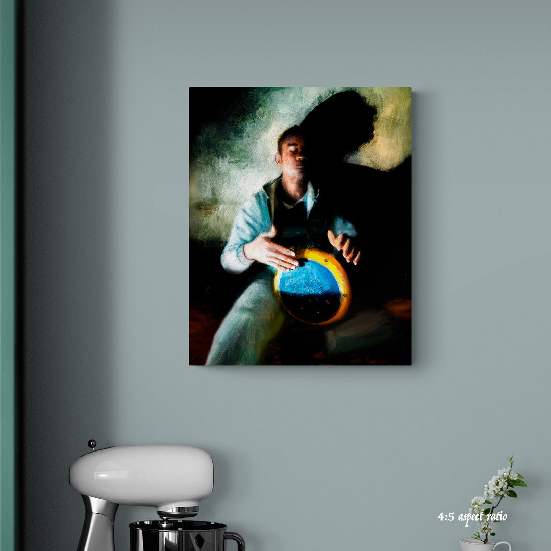 Framed artwork of a person playing a drum.