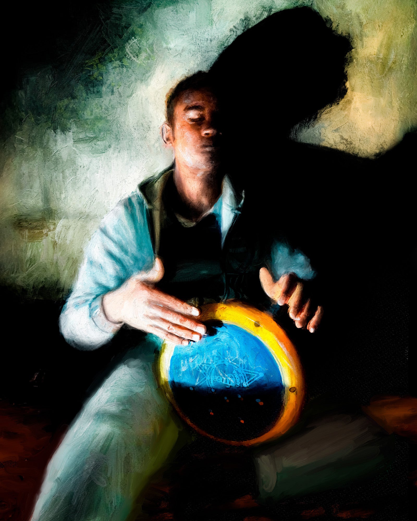 Person playing a drum with a stylized, abstract background