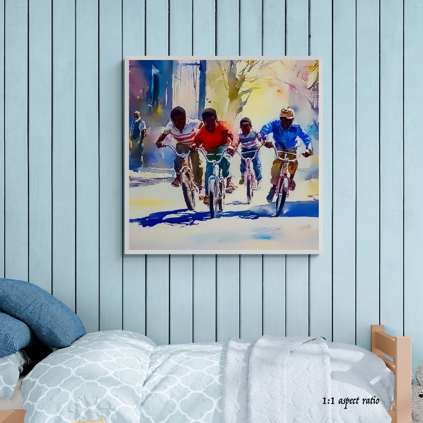 Colorful painting of children on bicycles hanging above a bed with blue walls.