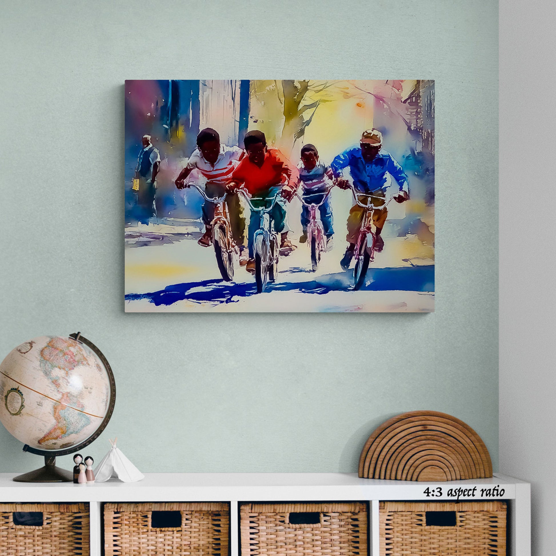 Colorful painting of black african american male boys riding bicycles on a green wall above a wooden shelf with decor items.