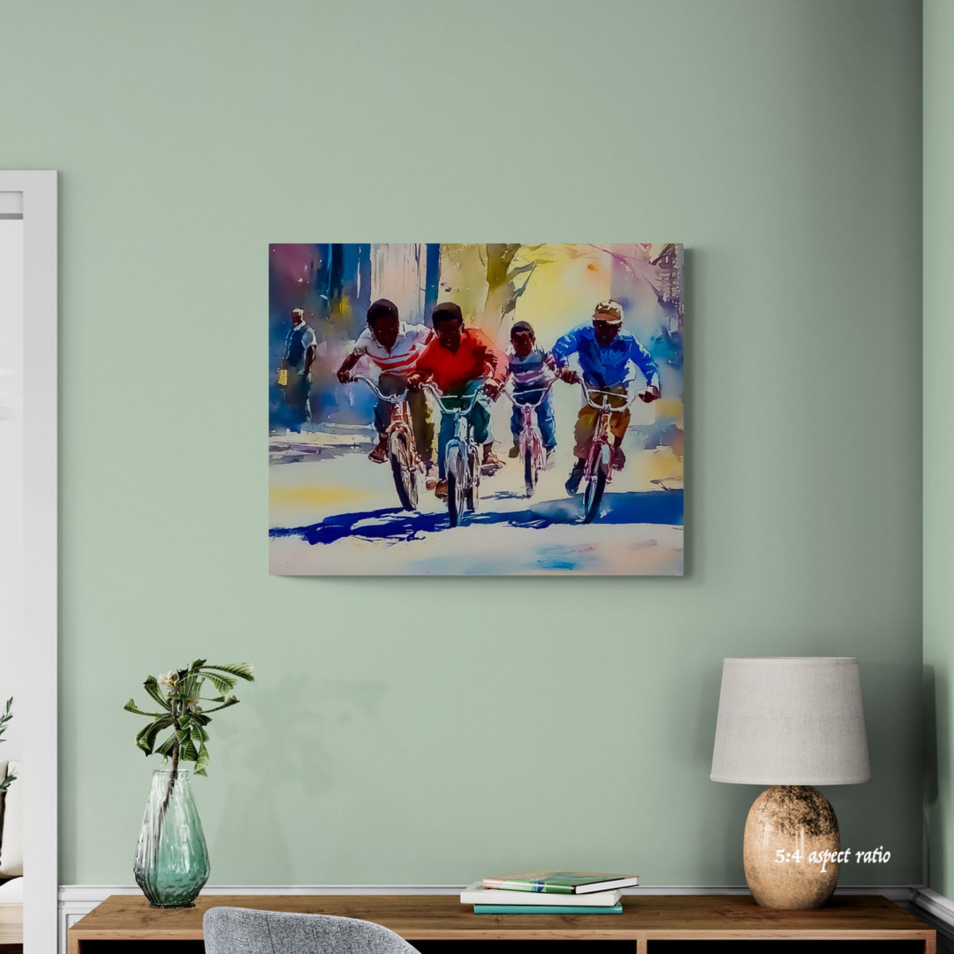 Colorful painting of black african american male boys riding bicycles on a green wall above a wooden shelf with decor items.