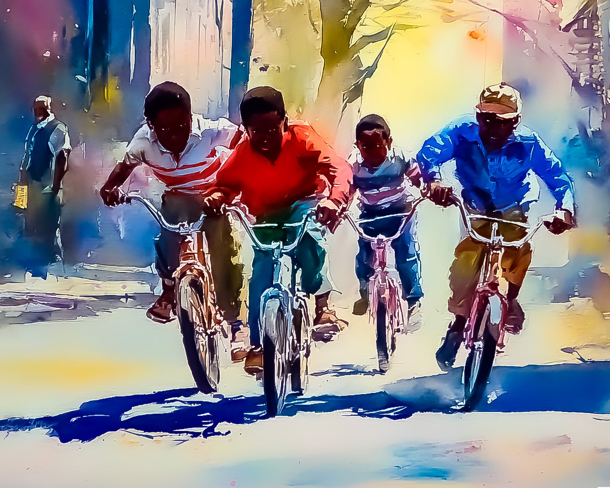 Four people riding bicycles on a colorful, abstract street scene