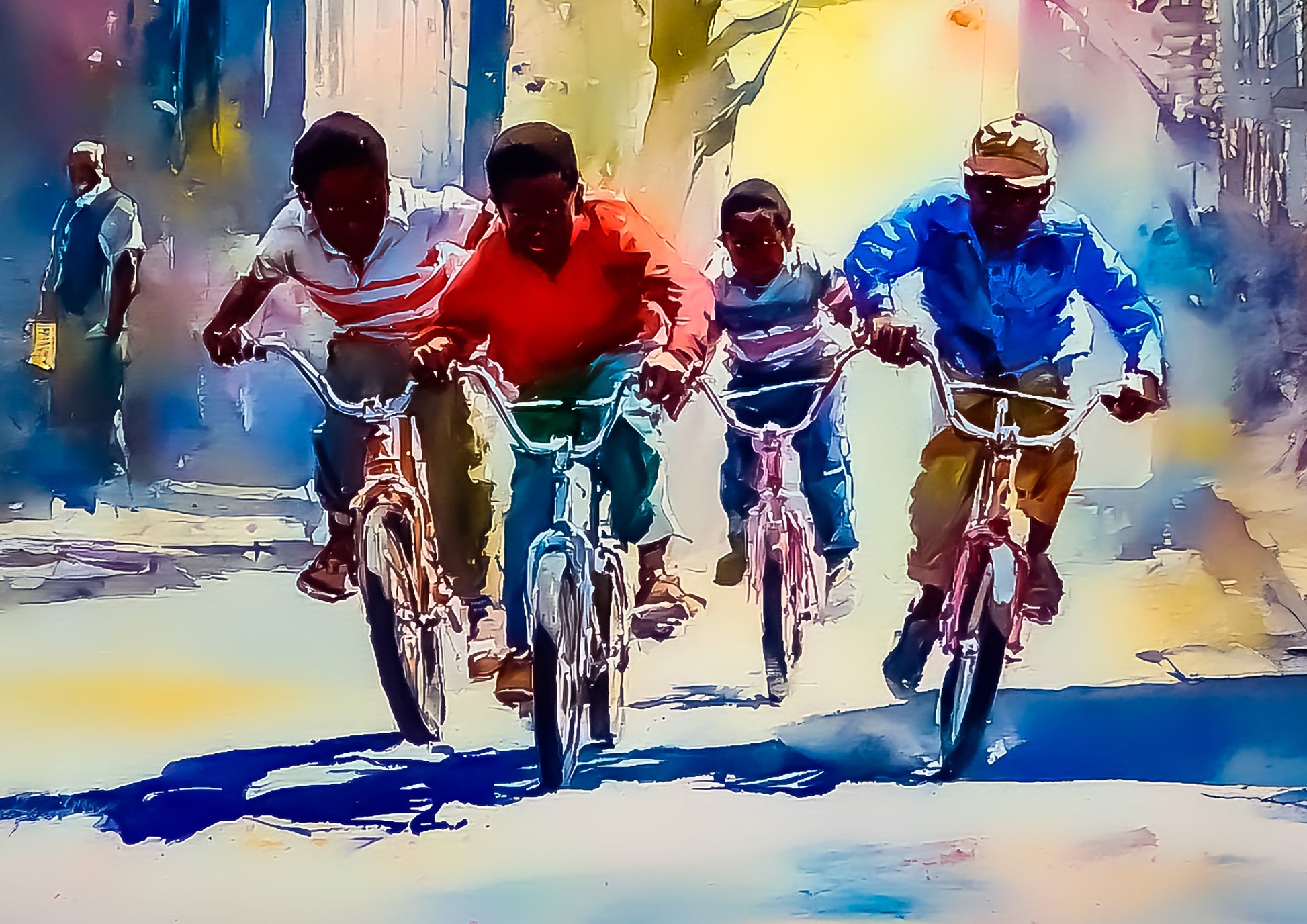 Colorful watercolor  painting of black african american male boys riding bicycles.