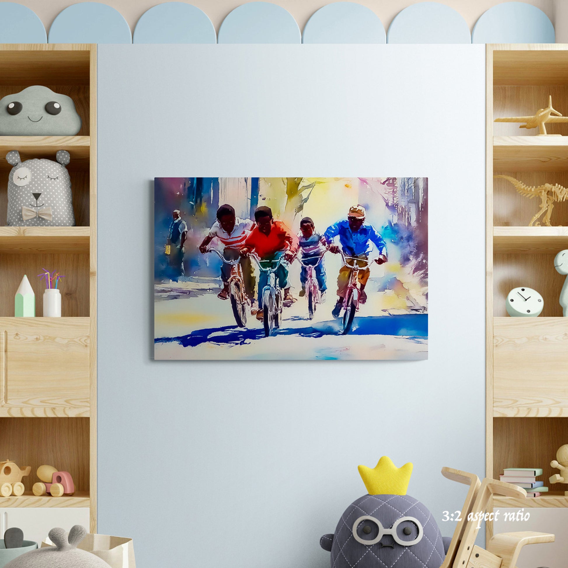 Children's room with a painting of children on bicycles, shelves with toys, and decorative items.