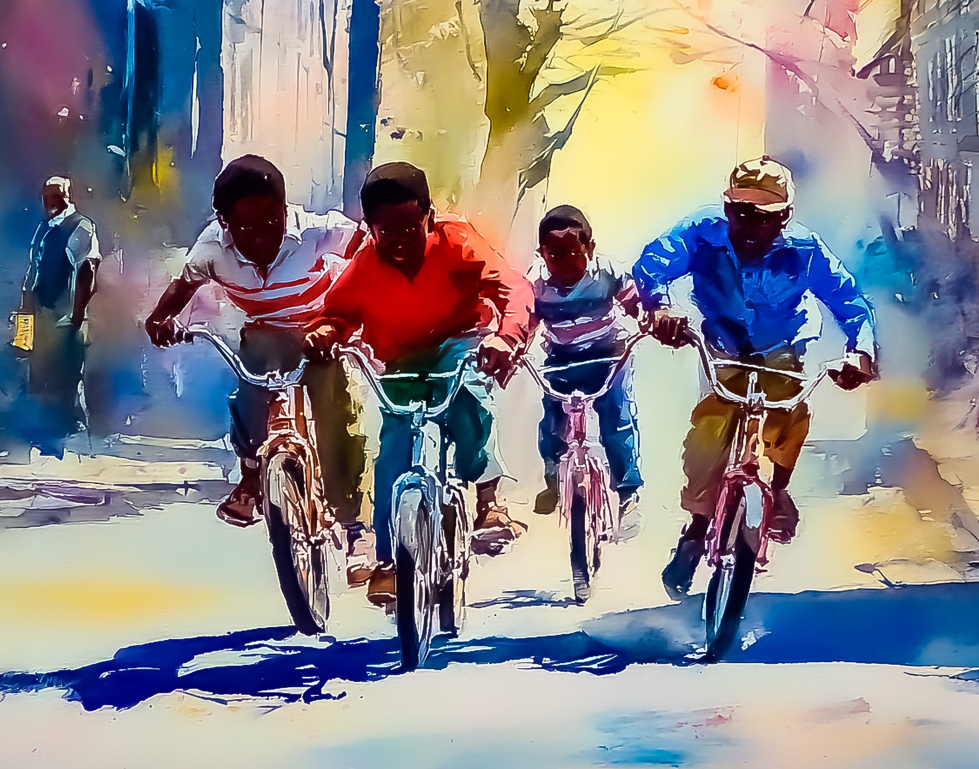 Colorful watercolor  painting of black african american male boys riding bicycles.